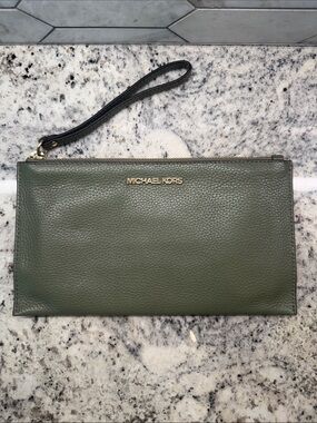 Michael Kors Olive Leather Wristlet with Gold Logo